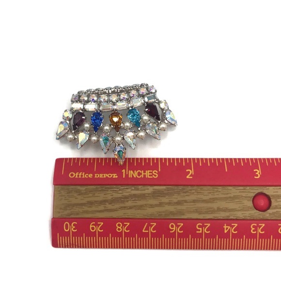 B David Vintage Crown Rhinestone Faux Pearl Multi Color Brooch Pin - Picture 7 of 8